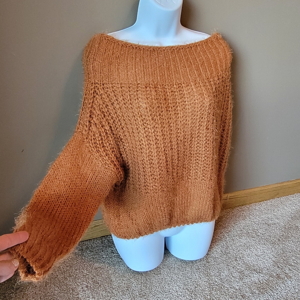 Boutique Off The Shoulder Stretchy Soft Brown Sweater Size Medium Large